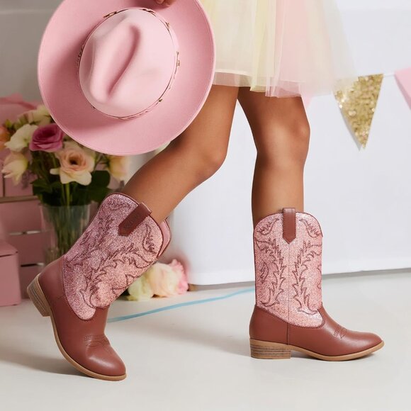 Kids Pink/Brown Cowgirl Boots Girls Cowboy Western Mid Calf Pull-On Riding Boots - Picture 3 of 6